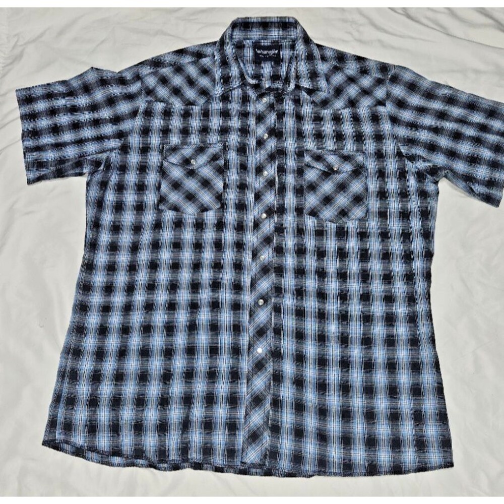 Wrangler Western Shirt Men’s XL Blue Pearl Snap Plaid Short Sleeve Cowboy